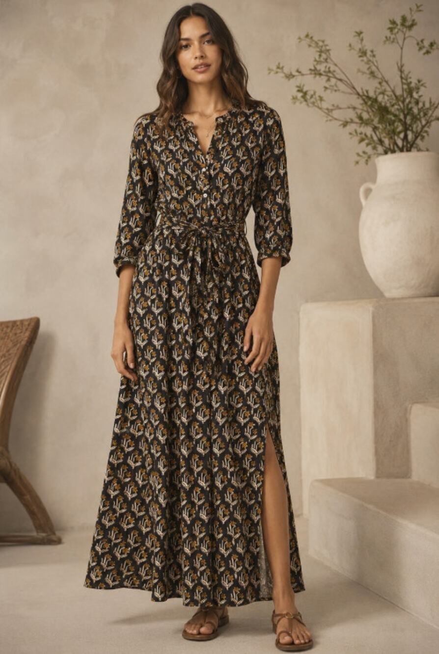 Anthropologie DRA Los Angeles Cotton Floral Button Front Tie Waist Maxi Dress XS